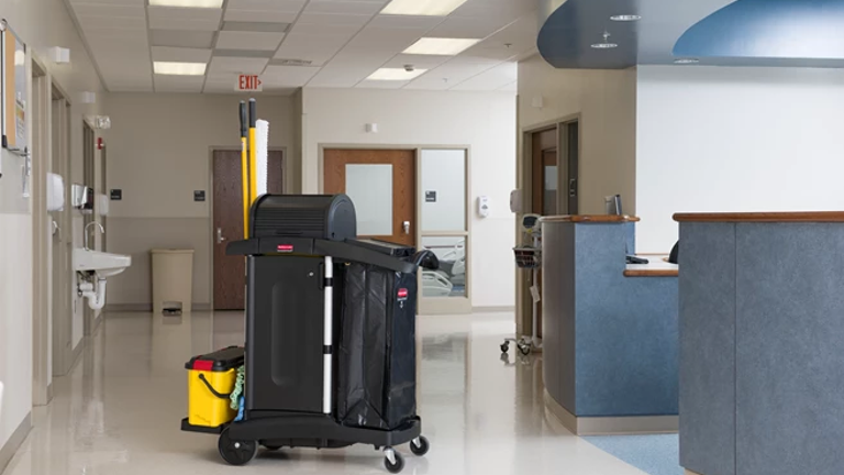 A Rubbermaid Commercial Executive High-Security Janitorial Cleaning Cart, featuring a locking hood for security.