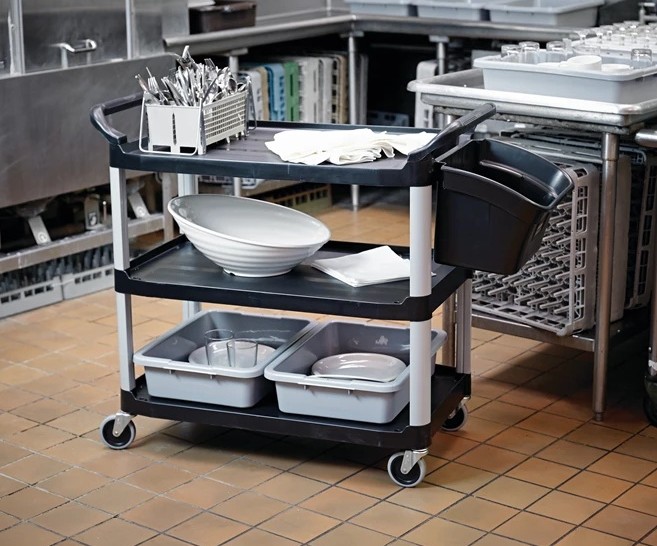 This is a Rubbermaid Commercial Products Xtra Utility Cart featuring open-sided shelves in black.