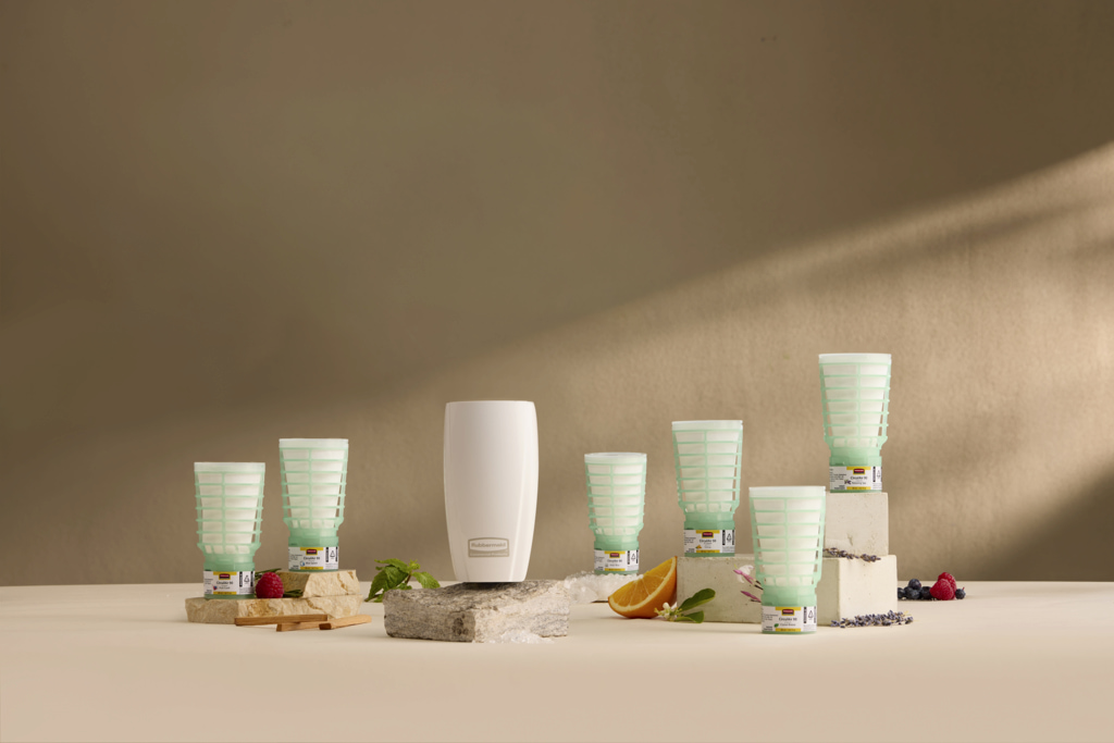 A Rubbermaid Commercial Products CirculAir 90 system featuring a passive air freshener dispenser and various scented refills