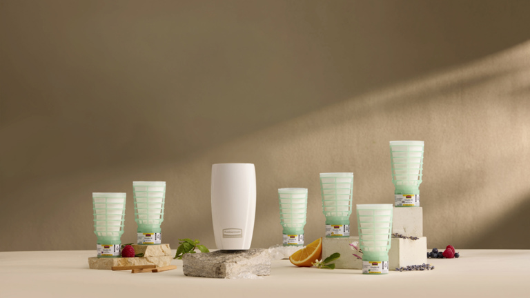 A Rubbermaid Commercial Products CirculAir 90 system featuring a passive air freshener dispenser and various scented refills