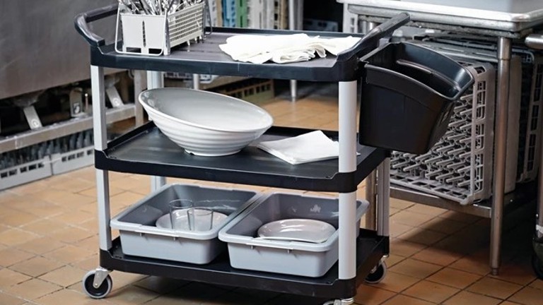 This is a Rubbermaid Commercial Products Xtra Utility Cart featuring open-sided shelves in black.