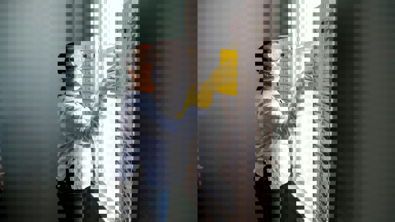 A woman wearing safety goggles and a face mask is cleaning a window with a large yellow sponge. She is also wearing yellow rubber gloves. The woman is standing next to white louvered shutters.