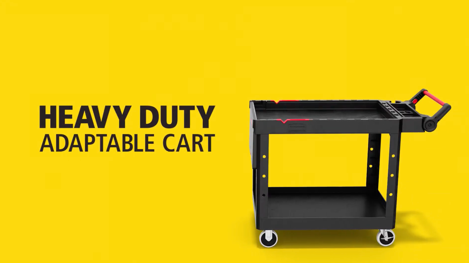 A Rubbermaid Commercial Heavy-Duty Adaptable Utility Cart, featuring a black structural foam construction and a distinctive red ergonomic handle.